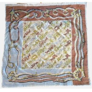 Vintage Sheer Equestrian Harness Scarf Brown Gold 34” Square Horse & Carriage